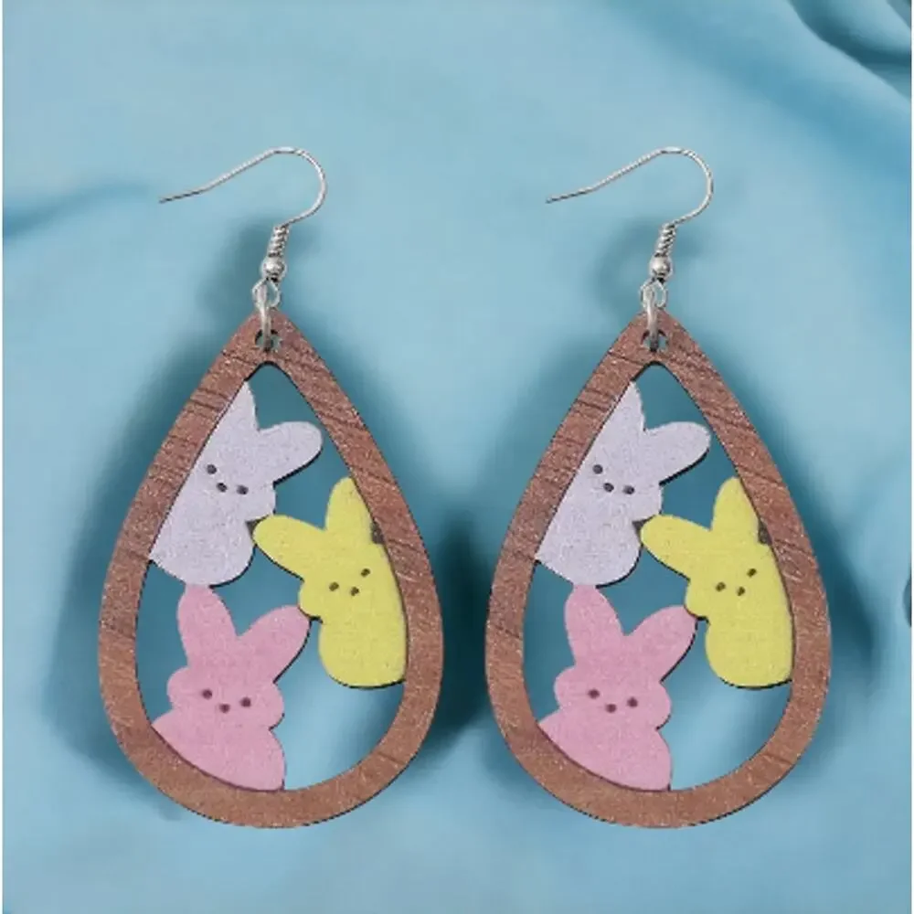 Easter Bunny Peeps Lightweight Wooden Teardrop Earring Wire Hook